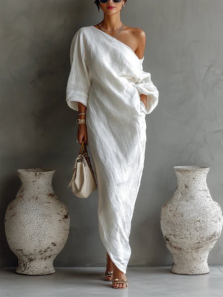 Cotton And Linen Casual Plain Balloon Sleeve Irregular Craftsmanship Maxi Dress, Maxi Dresses, color:White|size:XXL, Stylewe
