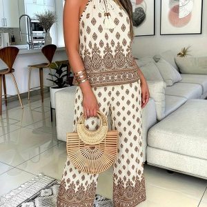 2 Pieces Outfit Boho Woven Spaghetti Straps Tie Front Top and Elastic Waist Wide Leg Pants Set Casual Rhinestone Decor Vintage Baroque Print Vacation Set, women Two-piece Sets, ChicMe catalog