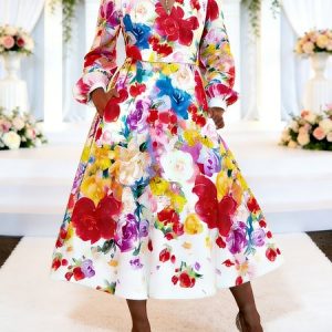 Elegant Floral Balloon Sleeve Printing Shirt Collar Midi Dress, Maxi Dresses, color:As Picture|size:XXL, Stylewe