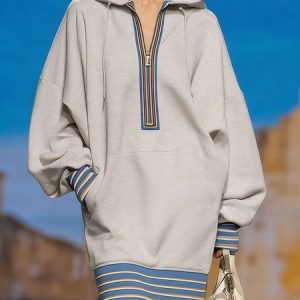 Casual Color Block Raglan Sleeves Zipper Hoodie Knee Length Dress, Midi Dresses, color:Gray|size:XXL, Stylewe
