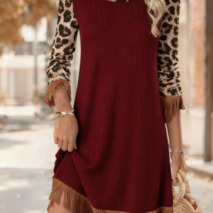 Women Leopard Spring/Fall Tassel Dress Crew Neck Long Sleeve H-Line Dress, Dresses, color:Wine Red|size:4XL, catalog Noracora shop