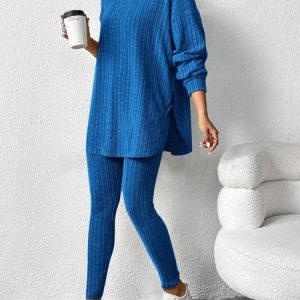Women Plain Embossed Two-Piece Set Daily Long Sleeve Casual Spring/Fall Top With Pants Matching Set, JustFashionNow Suit Set, color:Royal Blue|size:XXL,