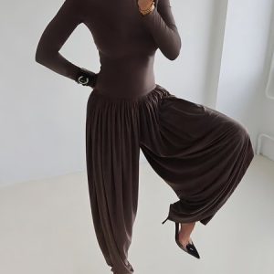 Casual Plain Stand Collar T-Shirt Jumpsuit, Jumpsuits, color:Brown|size:XXL, Stylewe