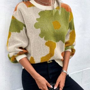 Urban Floral Split Joint Sweater, JustFashionNow Sweaters, color:Green|size:XL,