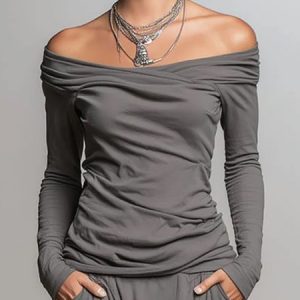 Urban Plain Off The Shoulder T-shirt, Tees, color:Gray|size:XXL, Stylewe