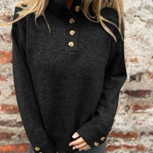 Women Plain Split Joint Winter Street Long Sleeve Stand Collar Cotton Sweater, JustFashionNow Sweaters, color:Black|size:3XL,
