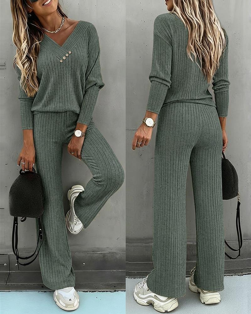 2 Pieces Outfit Button Decor V-Neck Long Sleeve Top and Elastic Waist Straight Leg Pants Set Casual Ribbed Set, women Two-piece Sets, ChicMe catalog - Image 3