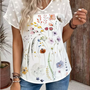 V Neck Short Sleeve Floral Regular Micro-Elasticity Loose Blouse For Women, T-shirts, color:White|size:4XL, catalog Noracora shop