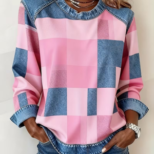 Vintage Crew Neck Plaid Sweatshirt Printing, Hoodies & Sweatshirts, color:Pink|size:4XL, catalog Noracora shop