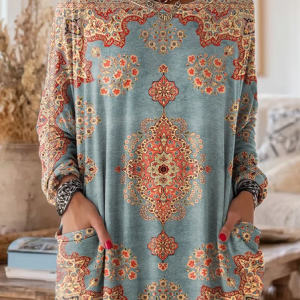Women's Long Sleeve T-shirt Spring/Fall Blue Floral Printing Crew Neck Daily Going Out Vintage Top, JustFashionNow T-Shirts, color:Blue|size:5XL,