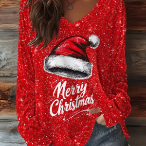 Casual Christmas V Neck Long Sleeve T-shirt, T-shirts, color:Red|size:XXL, catalog Noracora shop