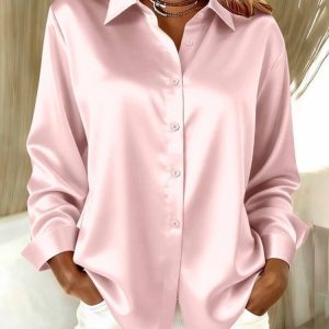 Women Plain Long Sleeve Shirt Spring/Fall Split Joint Shawl Collar Daily Casual Top, JustFashionNow Blouses, color:Pink|size:XXL,