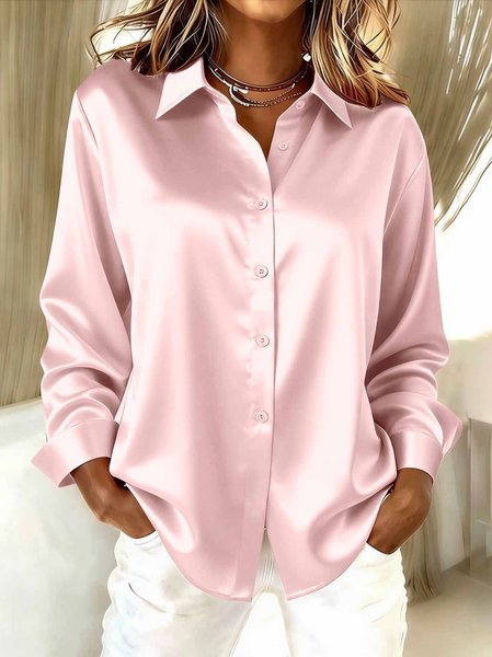 Women Plain Long Sleeve Shirt Spring/Fall Split Joint Shawl Collar Daily Casual Top, JustFashionNow Blouses, color:Pink|size:XXL,