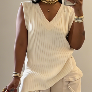 Casual Plain V Neck Sweater, Sweaters, color:White|size:XXL, Stylewe