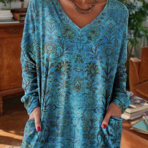 Women's Long Sleeve T-shirt Spring/Fall Blue Floral Printing V Neck Daily Going Out Vintage Top, JustFashionNow T-Shirts, color:Blue|size:5XL