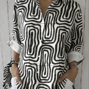 Shawl Collar Long Sleeve Striped Regular Loose Shirt For Women, Shirts, color:As Picture|size:4XL, catalog Noracora shop