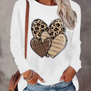 Casual Leopard Crew Neck Long Sleeve T-shirt, T-shirts, color:White|size:XXL, catalog Noracora shop