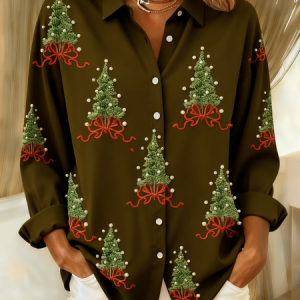 Shawl Collar Long Sleeve Christmas Regular Loose Shirt For Women, Shirts, color:Army Green|size:4XL, catalog Noracora shop