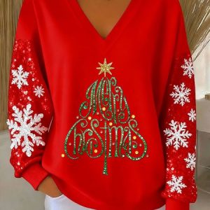 Casual V Neck Christmas Sweatshirt, Hoodies & Sweatshirts, color:Red|size:5XL, catalog Noracora shop