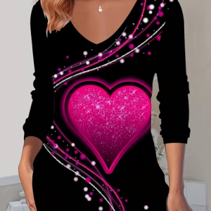 Women Heart/Cordate Long Sleeve Tee T-shirt V Neck Printing Casual Graphic Tee Spring/Fall Top, JustFashionNow T-Shirts, color:Black|size:XXL