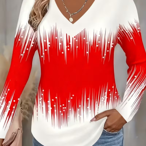 Casual Abstract V Neck Long Sleeve T-shirt, T-shirts, color:Red|size:XXL, catalog Noracora shop