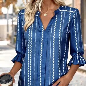 V Neck Half Sleeve Striped Regular Regular Fit Shirt For Women, Shirts, color:Blue|size:XL, catalog Noracora shop