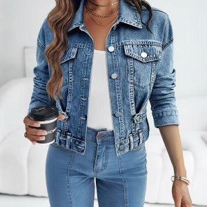 Vintage Turn-down Collar Button Front Seam Design Distressed Crop Coat Casual Flap Pockets Design Cinched Waist Washed Denim Coat, women Jeans, ChicMe catalog