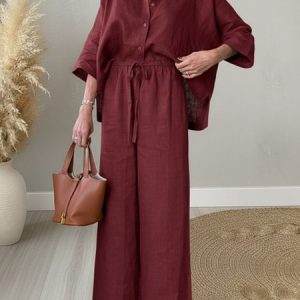 Women Plain Two-Piece Set Daily Three Quarter Sleeve Casual Spring/Fall Top With Pants Matching Set, Jumpsuits&Rompers, color:Wine Red|size:3XL, catalog Noracora shop