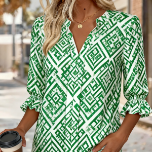 V Neck Half Sleeve Geometric Regular Regular Fit Shirt For Women, Shirts, color:Green|size:XL, catalog Noracora shop