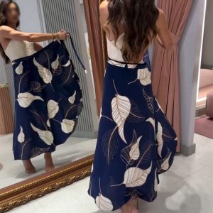 Leaves Print High Waist Wrap Lace-Up Skirt Casual Asymmetrical Hem Skirt, women Skirts, ChicMe catalog
