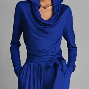 Elegant Plain Shawl Collar Blouse, Blouses and Shirts, color:Blue|size:XXL, Stylewe