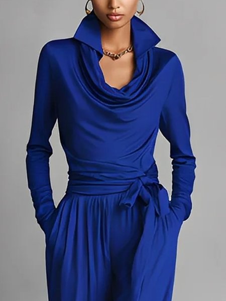 Elegant Plain Shawl Collar Blouse, Blouses and Shirts, color:Blue|size:XXL, Stylewe