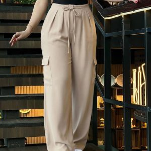 High Waist Drawstring Pleated Front Wide Leg Trousers Casual Flap Pockets Design Cargo Pants, women Pants, ChicMe catalog