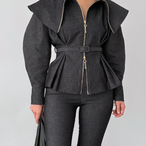 Urban Plain Shawl Collar Denim Jacket With Belt, Jackets, color:As Picture|size:XXL, Stylewe