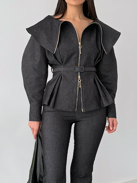Urban Plain Shawl Collar Denim Jacket With Belt, Jackets, color:As Picture|size:XXL, Stylewe