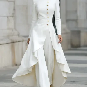Urban Buttoned Plain Stand Collar Coat, Coats, color:White|size:XXL, Stylewe