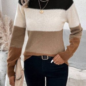Women Striped Split Joint Winter Street Long Sleeve Crew Neck Sweater, JustFashionNow Sweaters, color:White|size:XL,