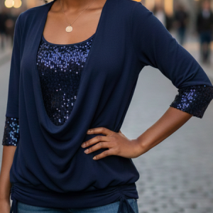 Women Plain Long Sleeve Tee T-shirt U-Neck Split Joint Vintage Spring/Fall Top, JustFashionNow T-Shirts, color:Navyblue|size:5XL,