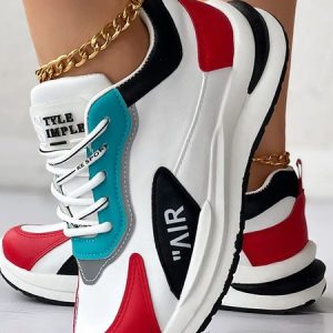 Casual Color Block Breathable Lace-Up Flat Heel Chunky Trainers Glitter, Sneakers&Athletic, color:White-Red|size:40, catalog Noracora shop