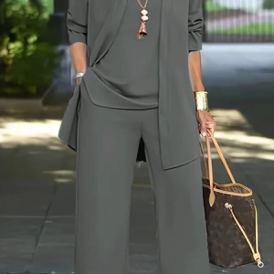 Women Plain Split Joint Matching Outfit Commuting Long Sleeve Casual Spring/Fall Multi-Piece Set Matching Set, JustFashionNow Suit Set, color:Gray|size:4XL,