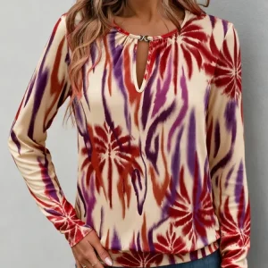 Crew Neck Long Sleeve Geometric Regular Micro-Elasticity Loose Blouse For Women, Blouses, color:Pink|size:4XL, catalog Noracora shop