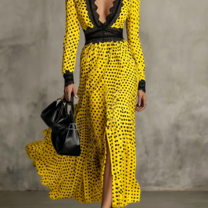 Elegant Polka Dots V Neck Maxi Dress, Maxi Dresses, color:Yellow|size:XXL, Stylewe