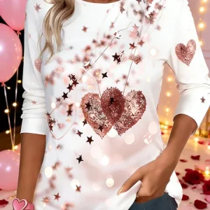 Vintage Heart/Cordate Crew Neck Long Sleeve T-shirt, T-shirts, color:Champagne|size:5XL, catalog Noracora shop