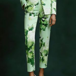 Elegant Floral Printing Straight Pants, Pants, color:Green|size:XXL, Stylewe
