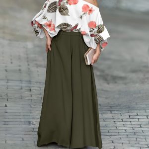 2 Pieces Outfit French Style Floral Print Skew Neck Batwing Sleeve Stretchy Hem Top and Zipper Fly Elastic Back Waist Wide Leg Pants Set Casual Loose Fit Set, women Two-piece Sets, ChicMe catalog