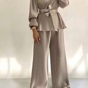 2 Pieces Outfit Overlap V-Neck Lantern Sleeve Tie Waist Ruffle Hem Top and Elastic Waist Wide Leg Pants Set Vintage Frill Hem Satin Pleated Commuting Set, women Two-piece Sets, ChicMe catalog