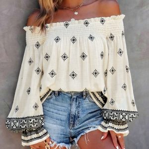Vintage Tribal Placement Print Shirred Off Shoulder Flared Cuffs Blouse Casual Frill Trim Boho Top, women Blouses & Shirts, ChicMe catalog