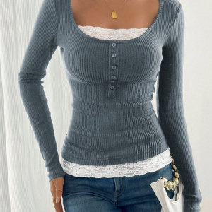 Casual Plain Crew Neck Long Sleeve T-shirt, Blouses, color:Navy Blue|size:4XL, catalog Noracora shop