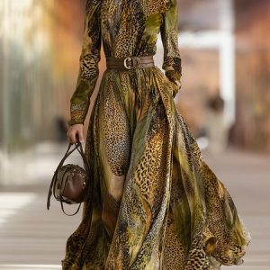 Women Elegant High Waist X-Line Maxi DressWith Belt Mock Neck Spring Occasion, Maxi Dresses, color:As Picture|size:XXL, Stylewe