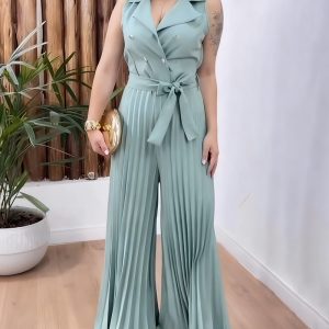 Sleek Sleeveless Notched Collar Waist Tied Detail Jumpsuit Casual Wide Leg Pleated Romper, women Jumpsuits, ChicMe catalog